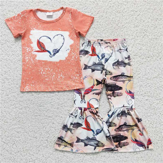 GSPO0258 Girls' orange heart fishing short-sleeved trousers suit