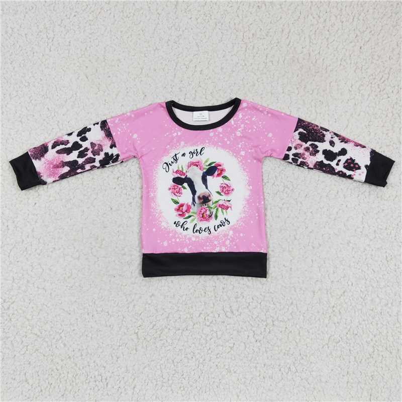 GT0077  Baby Girls Pink Cow floral Long Sleeve shirts tops