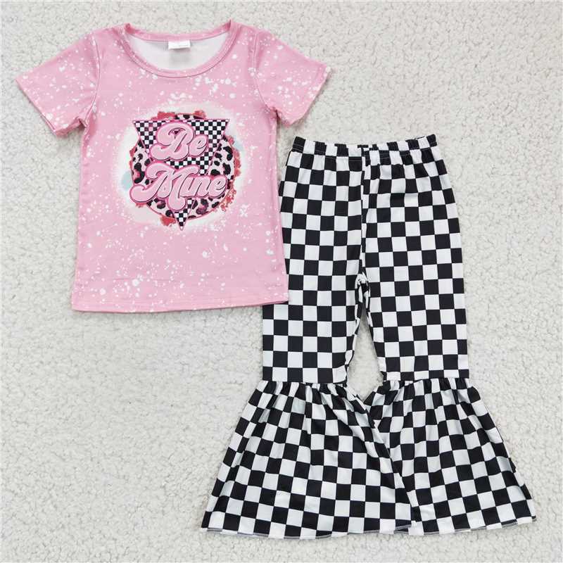 GSPO0282 Girls BE MINE pink short-sleeved plaid trousers suit