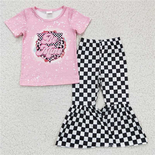 GSPO0282 Girls BE MINE pink short-sleeved plaid trousers suit