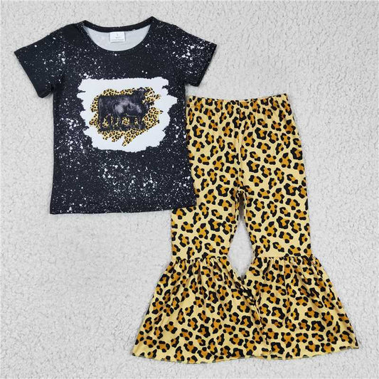 GSPO0352 Girls' black short-sleeved leopard print trousers suit