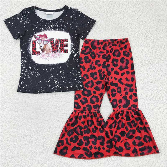 GSPO0288 Girls LOVE cow black short-sleeved red leopard print trousers suit