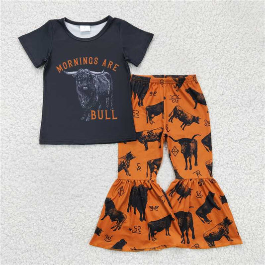 GSPO0286 Girls BULL Alpine Cow Black Short Sleeve Long Pants Set