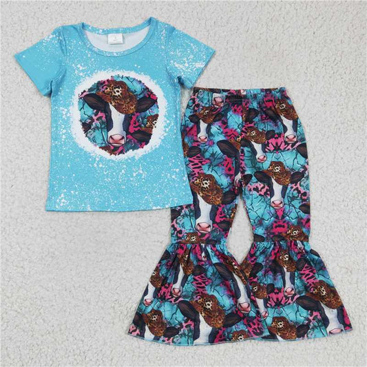 GSPO0304 Girls cow leopard print hat blue short-sleeved trousers suit