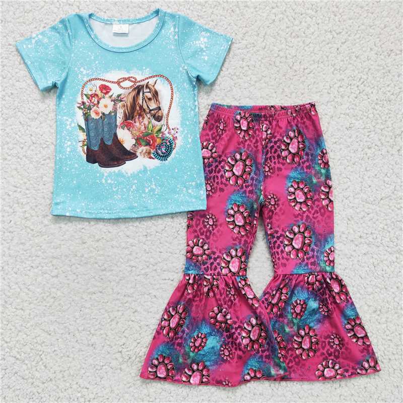 GSPO0312 Girls boots horse blue short-sleeved trousers suit