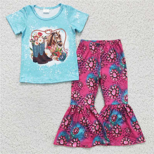 GSPO0312 Girls boots horse blue short-sleeved trousers suit
