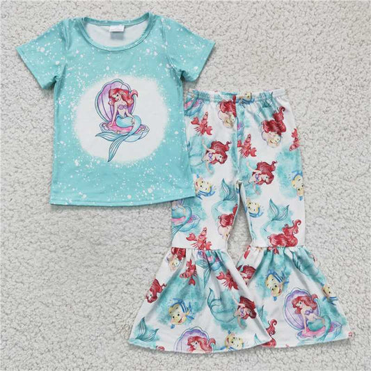 GSPO0310 Girls mermaid blue short-sleeved trousers suit