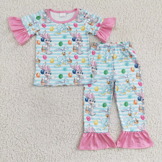 GSPO0313 Girls Mickey Donald Duck Easter Egg Short Sleeve Pants Set