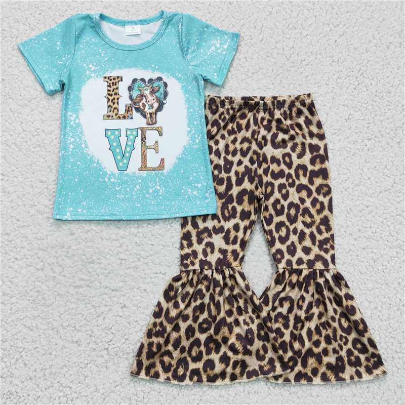 GSPO0330 Girls LOVE blue short-sleeved leopard print trousers suit