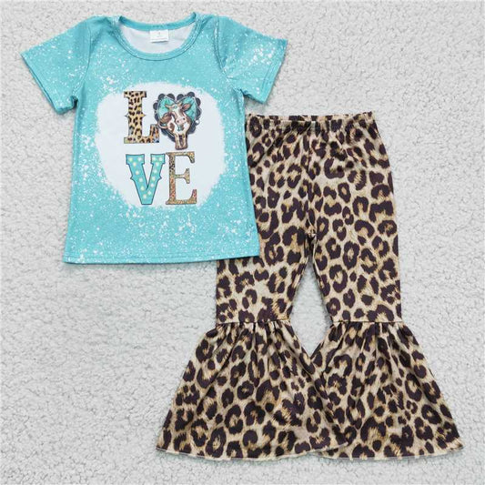 GSPO0330 Girls LOVE blue short-sleeved leopard print trousers suit