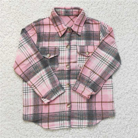 GT0094  Baby Girls Pink Plaid Long Sleeve button ups shirts tops