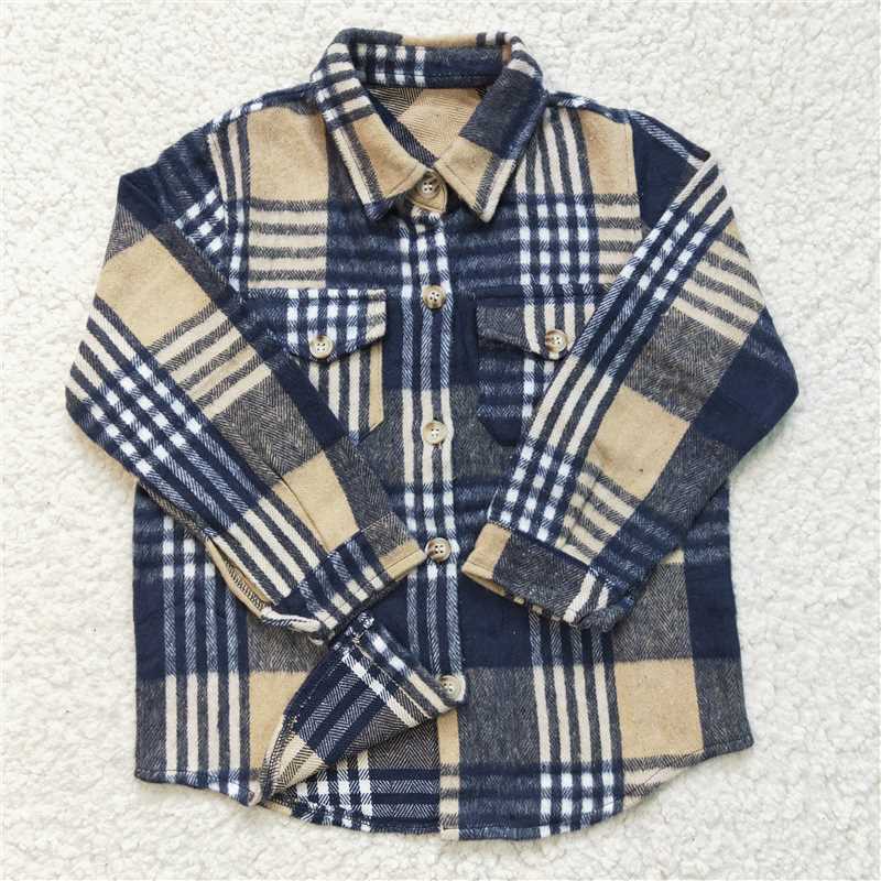 BT0186 Baby Boys Navy Plaid Long Sleeve button ups shirts tops