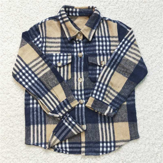 BT0186 Baby Boys Navy Plaid Long Sleeve button ups shirts tops