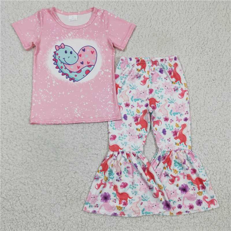 GSPO0283 Girls pink heart dinosaur short-sleeved trousers suit