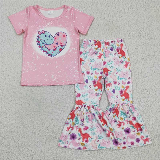 GSPO0283 Girls pink heart dinosaur short-sleeved trousers suit