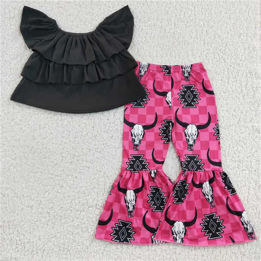 GSPO0314 Girls' black one-shoulder cow head rose red trouser suit