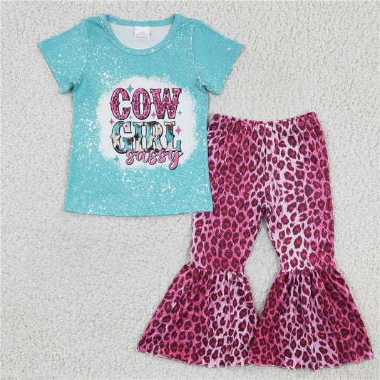 GSPO0307 Girls cowgirl blue short-sleeved rose red leopard print trousers suit