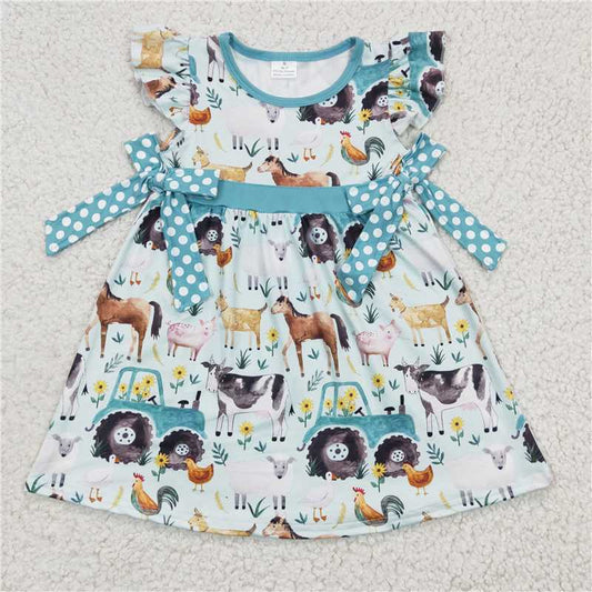 GSD0162 RTS NO MOQ Baby Girls Summer Dress Girls farm car cow horse pig chicken flying sleeve dress