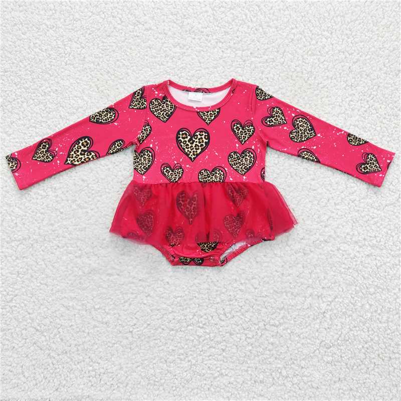 LR0253 Leopard heart tulle baby girls valentine's romper
