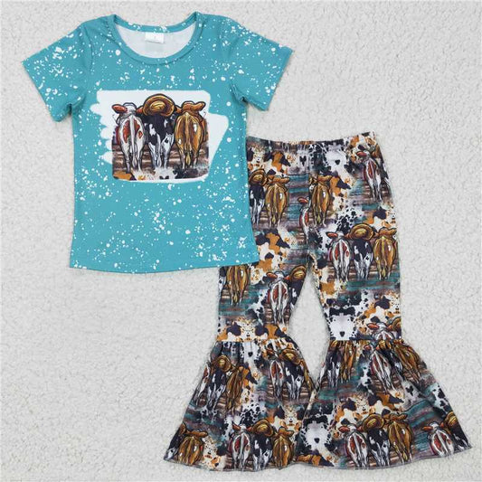 GSPO0279 Girls' cow blue short-sleeved trousers suit