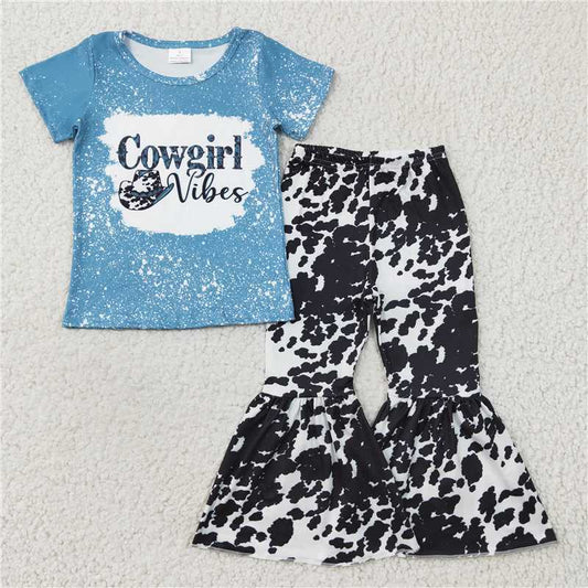 GSPO0316 Girls cowgirl blue short-sleeved cow pattern trousers suit