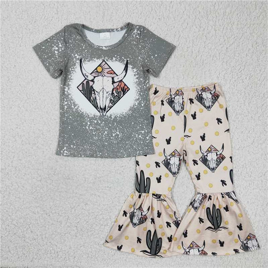 GSPO0319 Girls' Bullhead Cactus Green Short Sleeve Long Pants Set