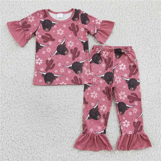 GSPO0326 Girls' Alpine Cow Cactus Pink Short Sleeve Long Pants Set
