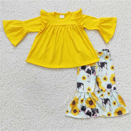 GLP0374Yellow cotton tunic cow sunflower pants girls clothing set