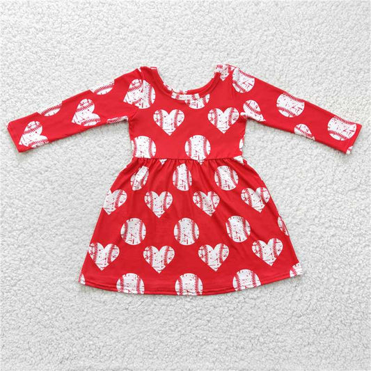 12.15 RTS NO MOQ （In stock）GLD0165 Baby Girls Red Heart Baseball Knee Length Dresses