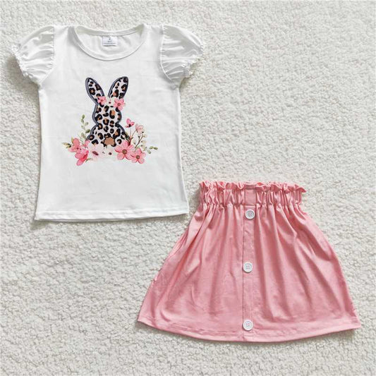 GSD0228 Girls leopard print bunny flower short sleeve pink skirt suit