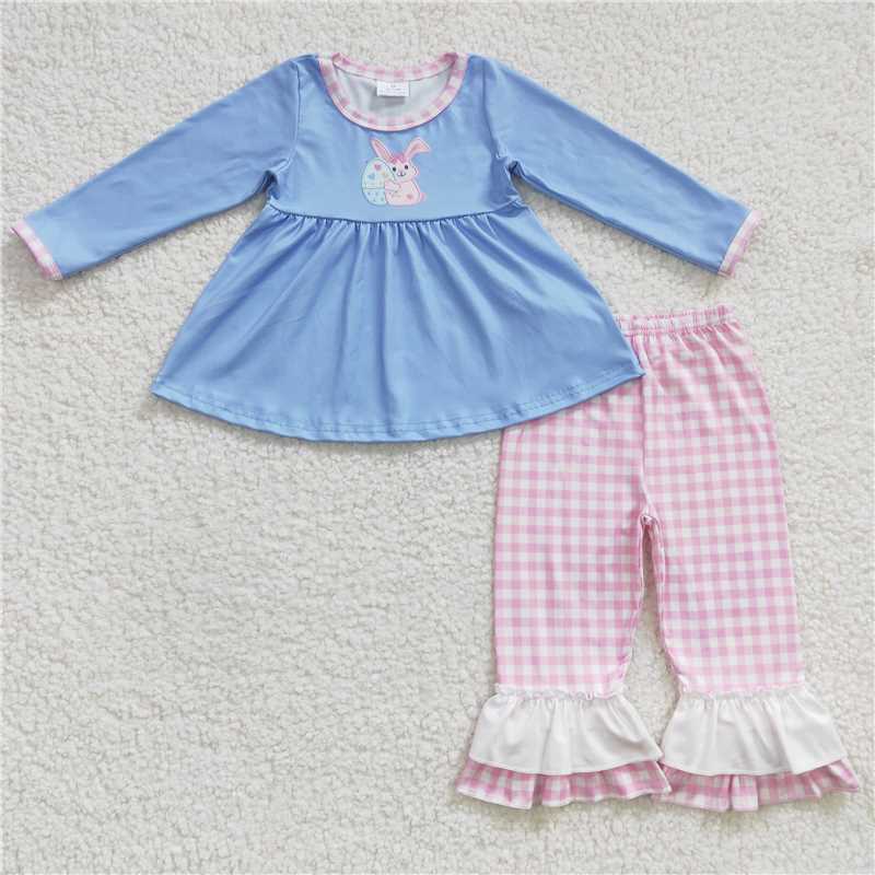 GLP0393 Girls Bunny Easter Egg Blue Long Sleeve Pink Plaid Pants Suit