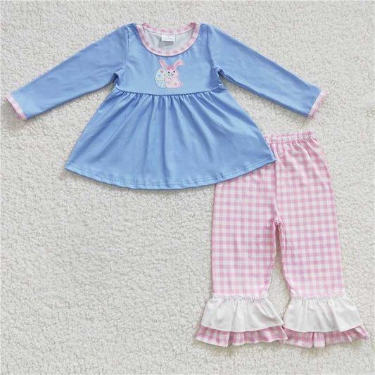 GLP0393 Girls Bunny Easter Egg Blue Long Sleeve Pink Plaid Pants Suit