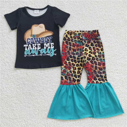 GSPO0373 Girls COWBOY hat, black short-sleeved leopard print trousers suit
