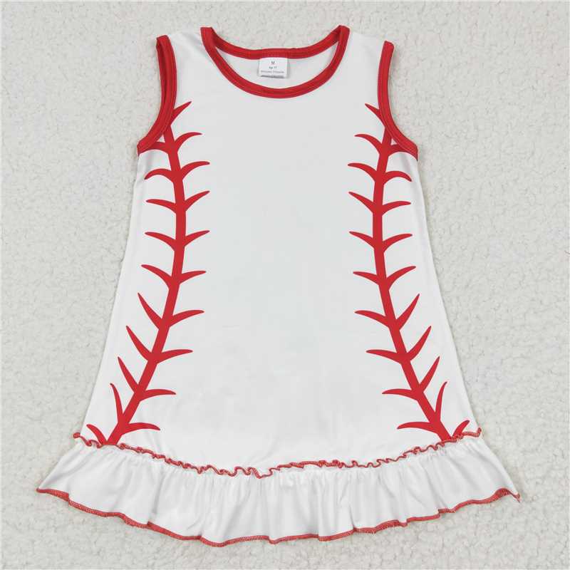 GSD0295 Girls' Baseball Pattern White Sleeveless Dress