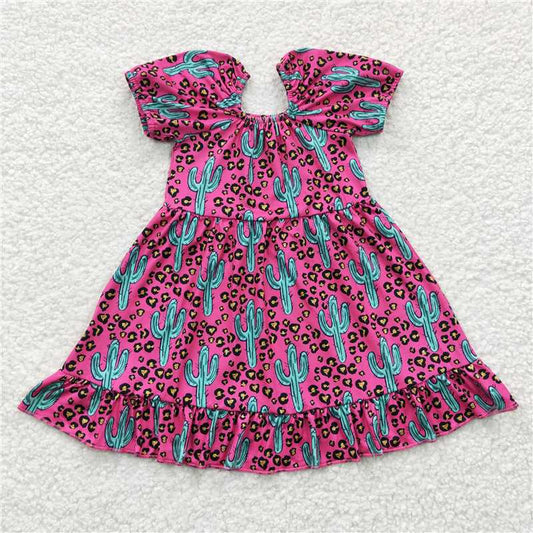 GSD0305 Girls' Cactus Rose Red Leopard Print Short Sleeve Dress