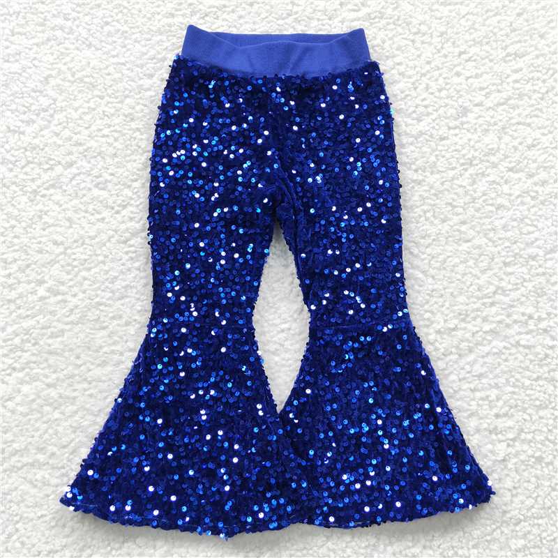 P0077  Baby Girls Blue Sequin Bell Bottom Pants