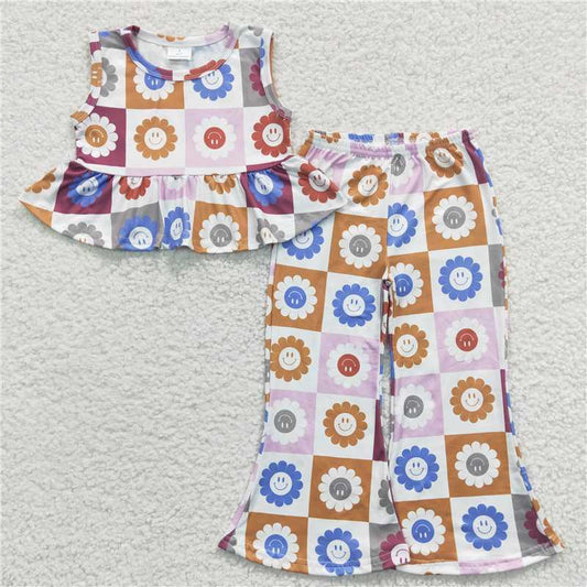 GSPO0472 Girls colorful smiley face floral sleeveless trousers set