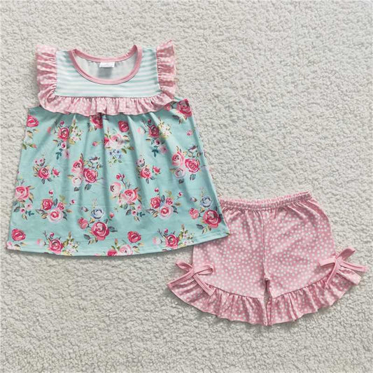 Baby Girls Blue Floral Bib Top Summer Shorts Sets