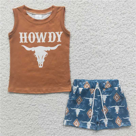 BSSO0207 Baby Boys Sleeveless Tee Shirt Howdy Shorts Western Clothes Sets