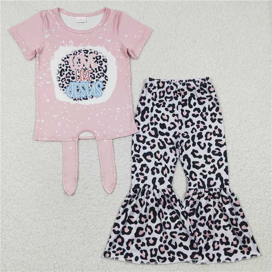 GSPO0518 Girls JESUS pink short-sleeved leopard print trousers suit