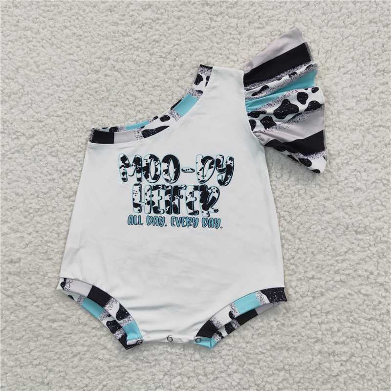 SR0320  Baby Girls Cow Print Moody Heifer One Shoulder Rompers
