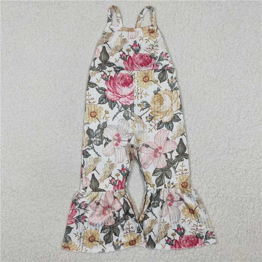 SR0248  Baby Girls Big Flowers Strap Bell Bottom Jumpsuits