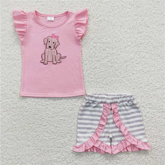 GSSO0223RTS NO MOQ Baby Girls Summer Outfits Pink dog shirt stripe shorts kids girls outfits
