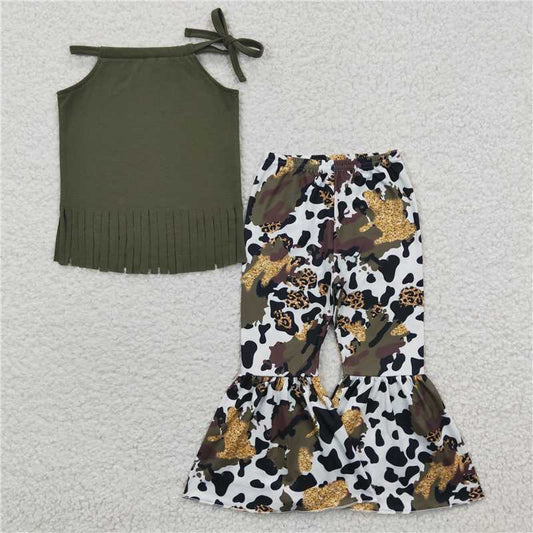 GSPO0300 Girls' dark green tassel halter neck cow pattern trousers suit