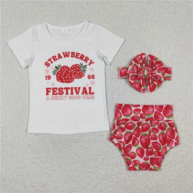 GBO0097 Baby Kids Girls Strawberry Summer Bummie Sets