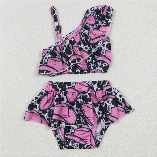 S0098  Baby Girls Pink Hats Western Two Pieces Ruffle Bathing Suits Swimsuits