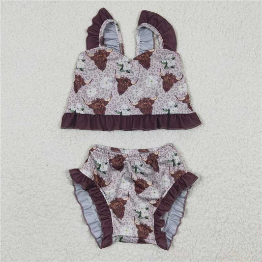 S0103  Baby Girls Leopard Highland Cow Two Pieces Bathing Suits Swimsuits