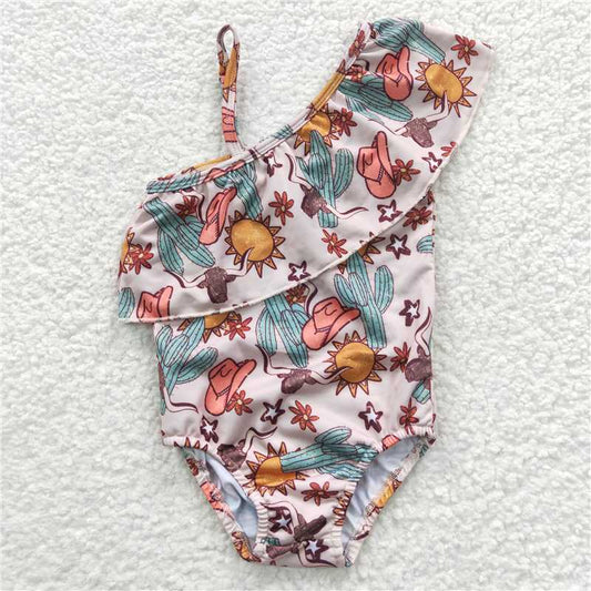 S0136 Cactus hat bull skull western girls one pc swimsuit