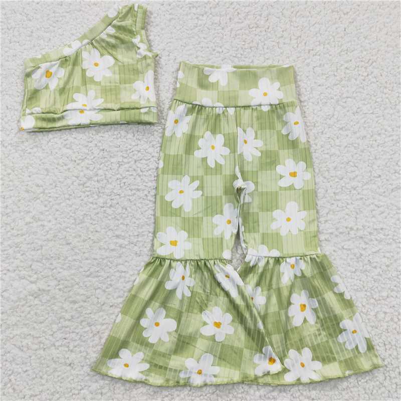 GSPO0524 Girls' white floral green one-sleeve trousers suit