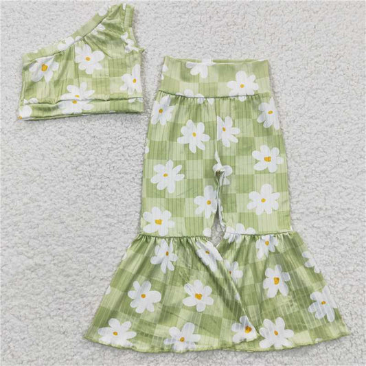 GSPO0524 Girls' white floral green one-sleeve trousers suit